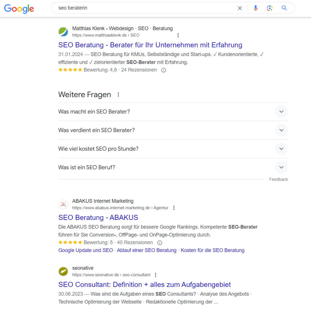 SEO Beraterin vergeblich gesucht: Nur Agenturen oder männliche Kollegen ranken auf diesen Begriff.