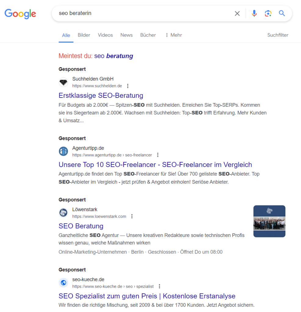 SEO Beraterin: Leider Fehlanzeige. Google schlägt stattdessen SEO Beratung vor.
